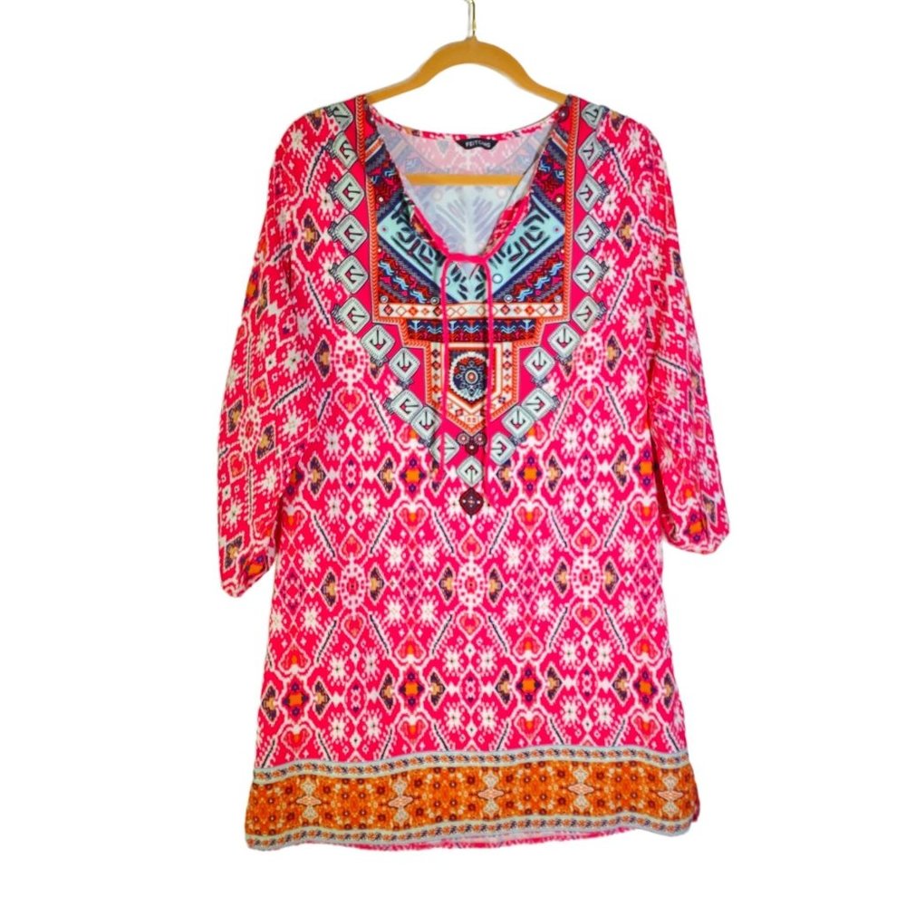 4/$25 Feitong Dress Mini Tribal Print V‎ Neck Ties Side Slits Womens Sz XL